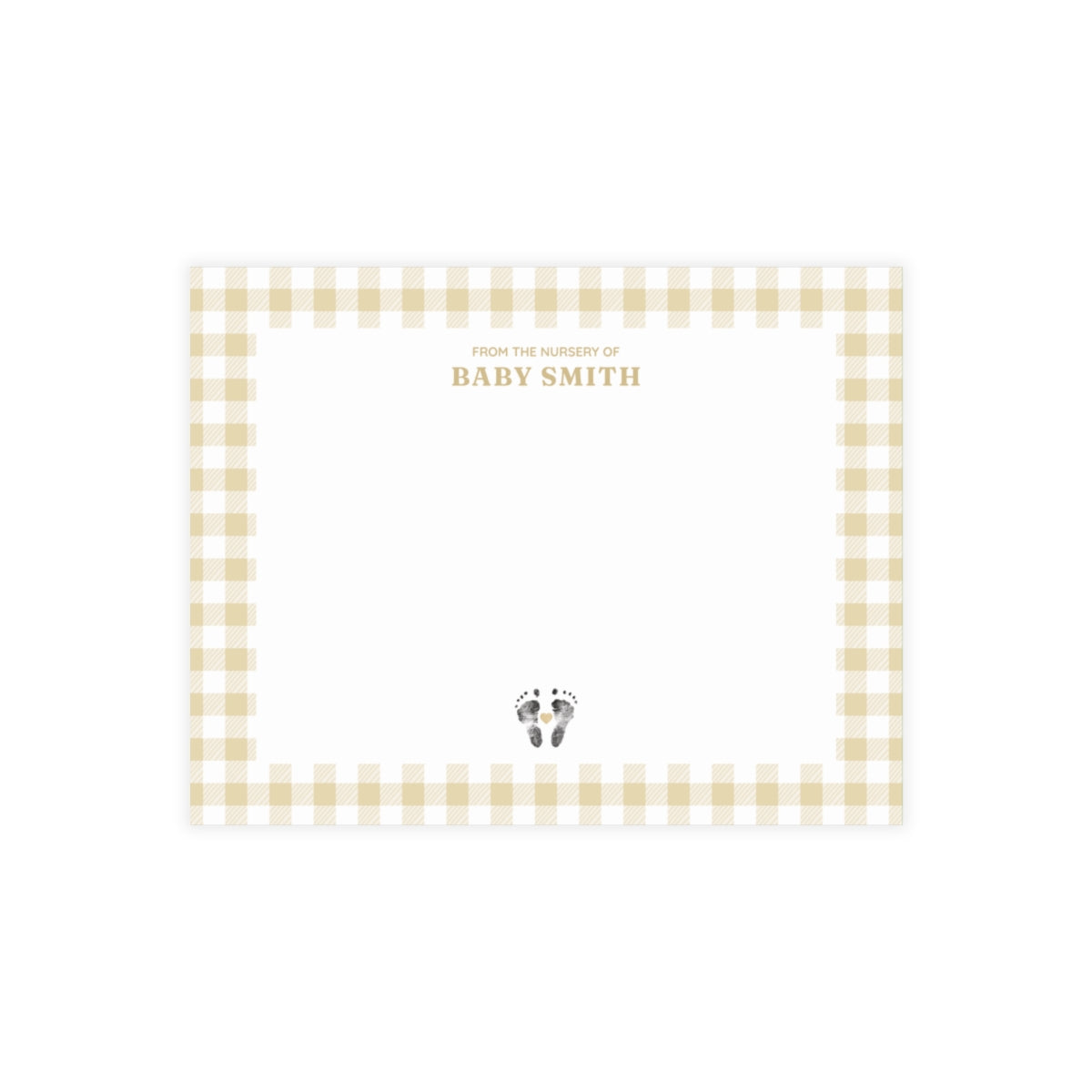 Yellow gingham border with baby footprints and text on a white card.