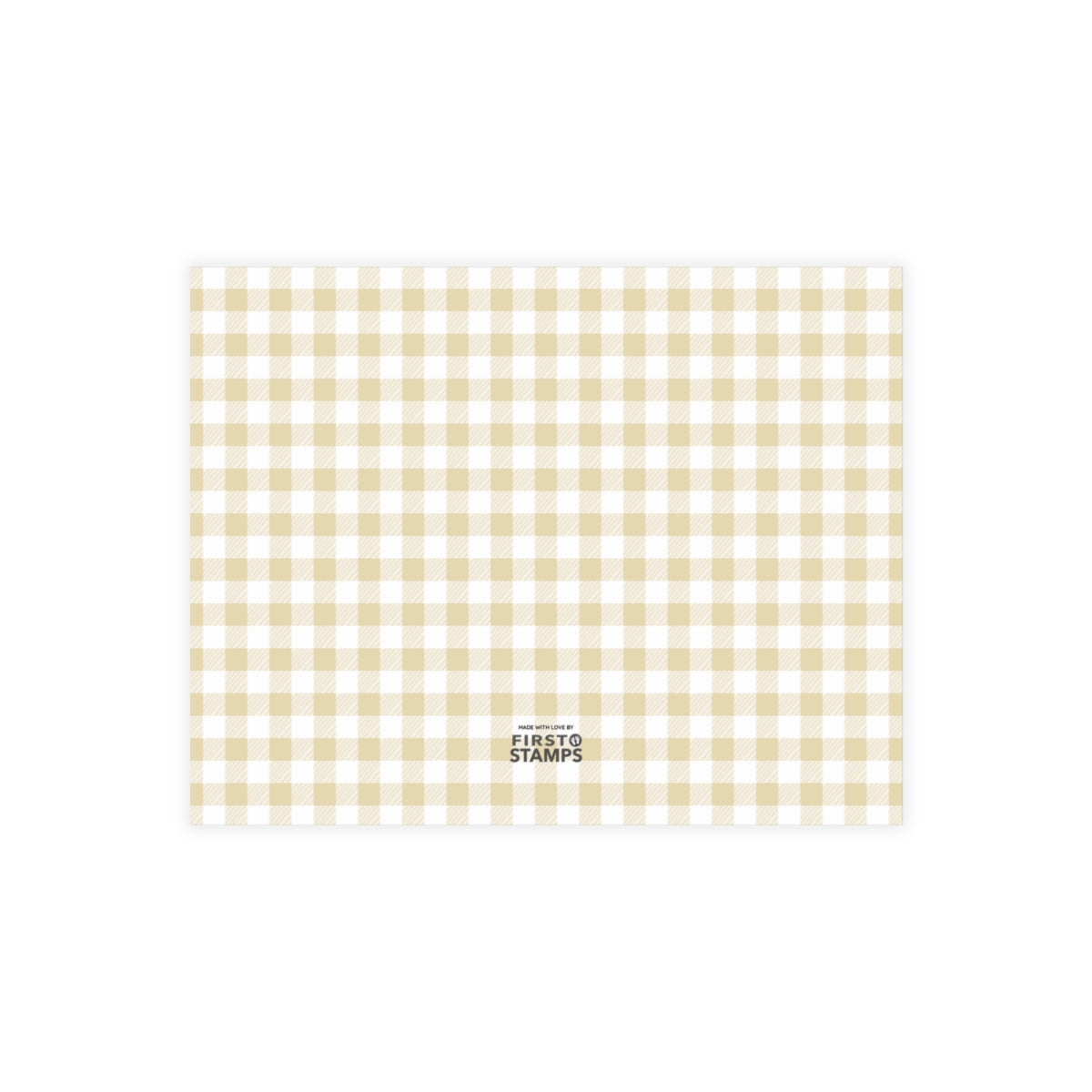 Yellow and white checkered pattern with First Stamps logo at the bottom.