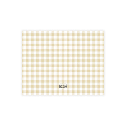 Yellow and white checkered pattern with First Stamps logo at the bottom.