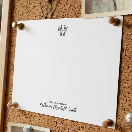 Note card with baby footprints and text 'From the nursery of Katherine Elizabeth Smith' on a white background