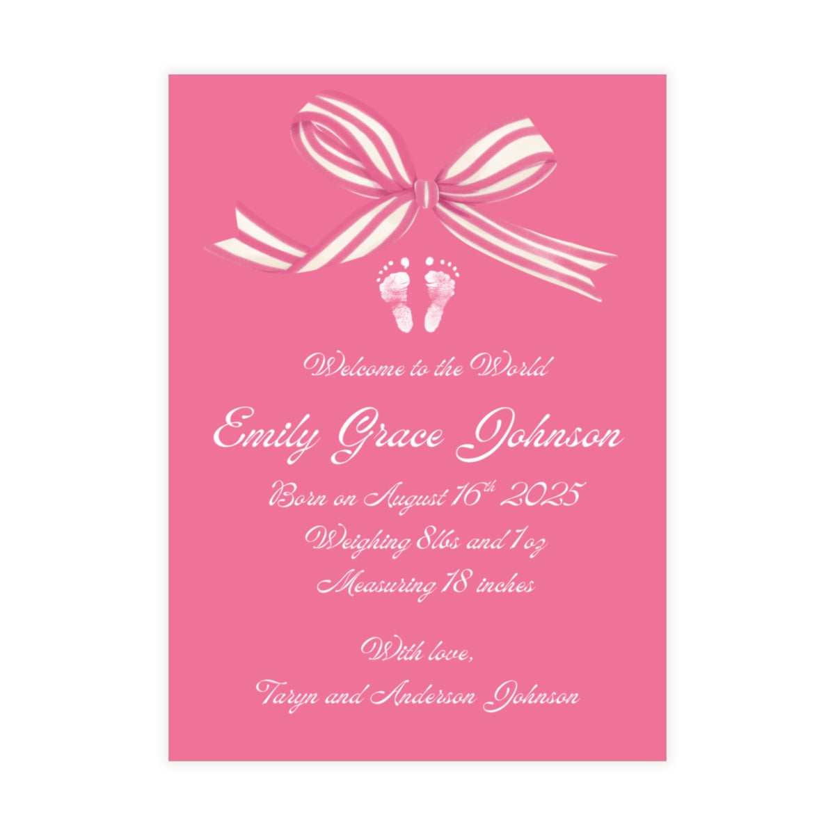 Pink birth announcement card with a white bow and baby footprint design.
