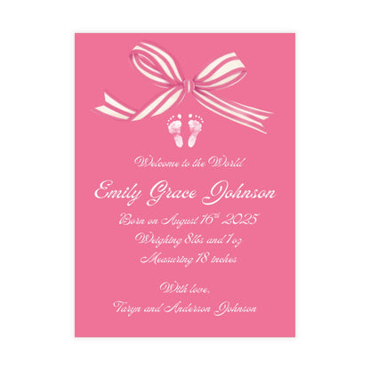 Pink birth announcement card with a white bow and baby footprint design.