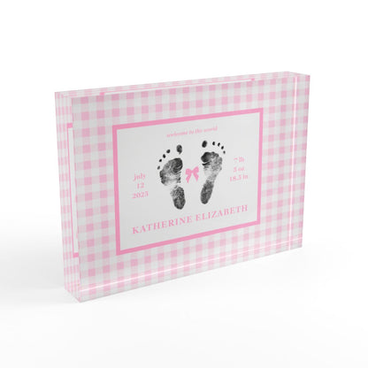 Pink acrylic block with  baby footprints and text_2.