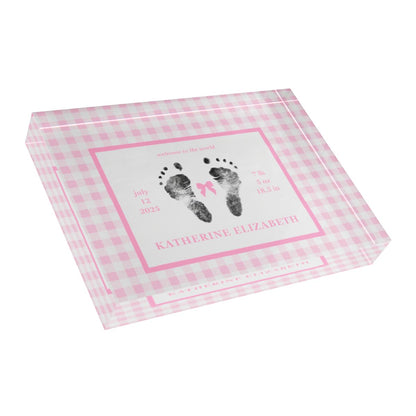 Pink acrylic block with  baby footprints and text_3