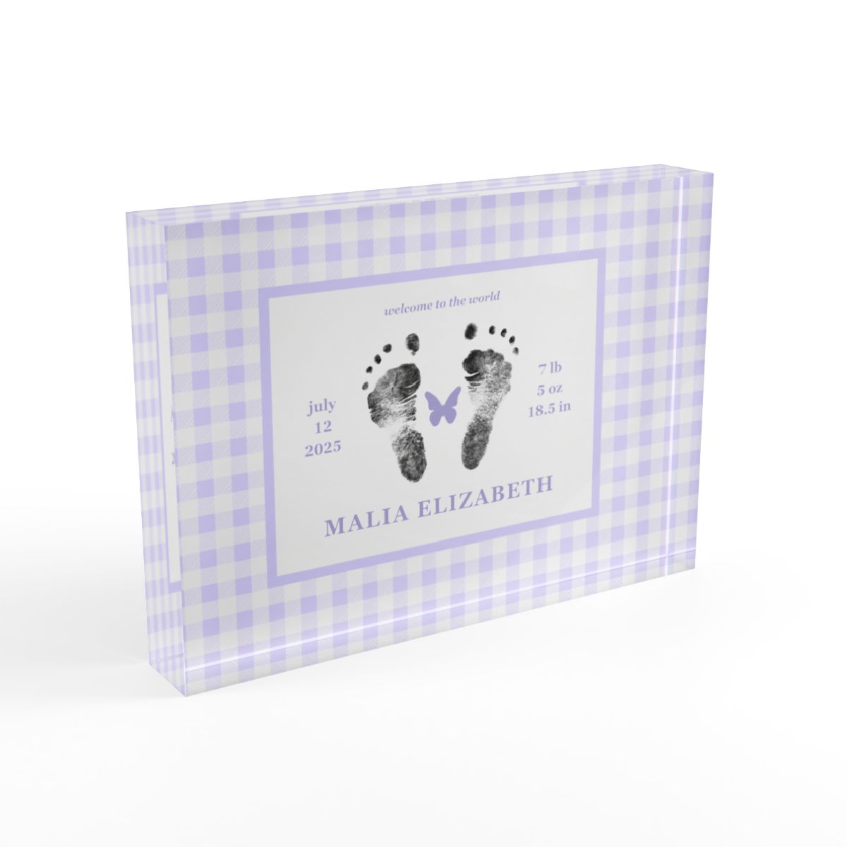 Purple acrylic block with  baby footprints and text_2.