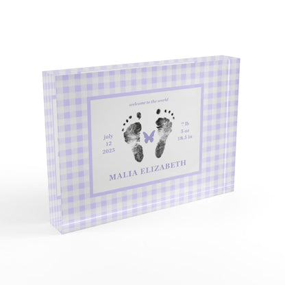 Purple acrylic block with  baby footprints and text_2.