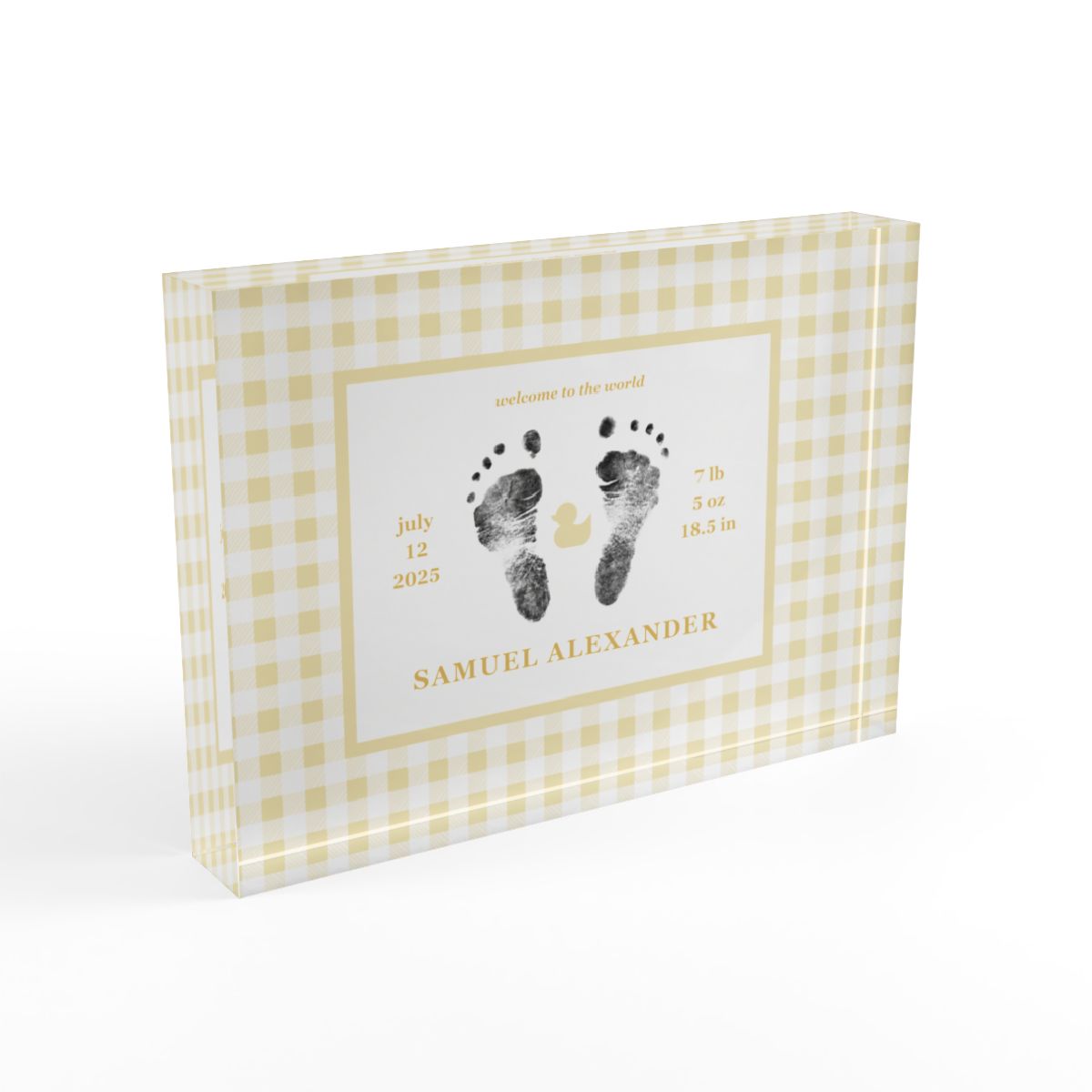 Yellow acrylic block with  baby footprints and text_2.