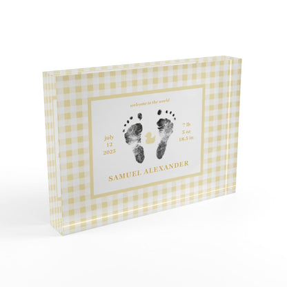 Yellow acrylic block with  baby footprints and text_2.