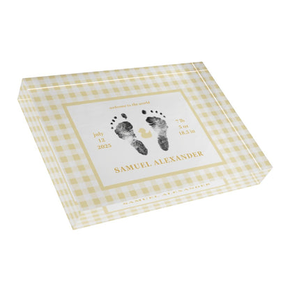 Yellow acrylic block with  baby footprints and text_3