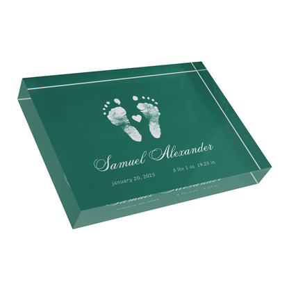 Dark green acrylic block with white baby footprints and text_3