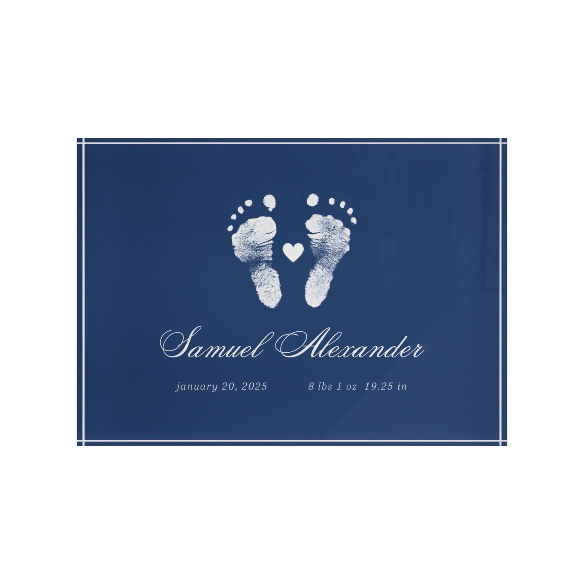 Navy Blue acrylic block with white baby footprints and text