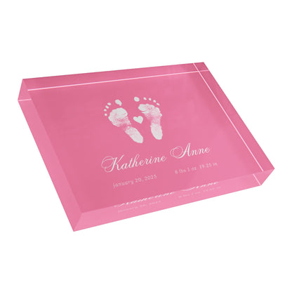 Pink acrylic block with white baby footprints and text_3
