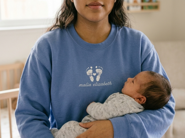 Person holding a baby wearing a footprint sweatshirt.